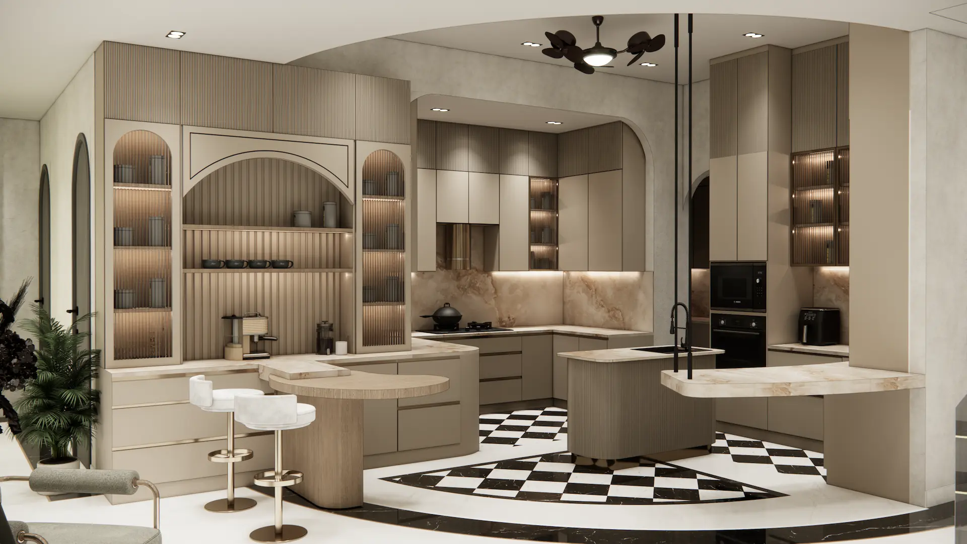 Open modular kitchen with arched cabinetry — Saya Gold Avenue, Indrapuram